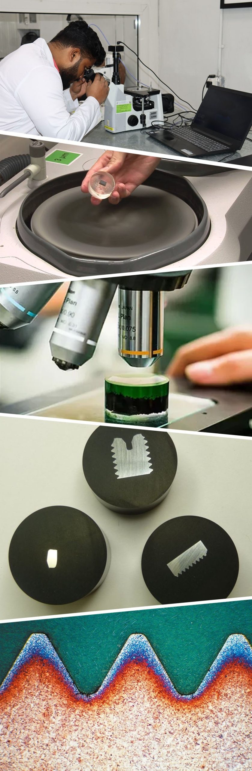 Metallurgical Testing, Microstructural Analysis, Grain Size, Inclusion Analysis, Phase Analysis, Austenite, Ferrite, Martensite, Failure Analysis, Metallurgical Assessment, Etching, Nital, Aqua regia, Phase Identification, Carburization, Case Depth