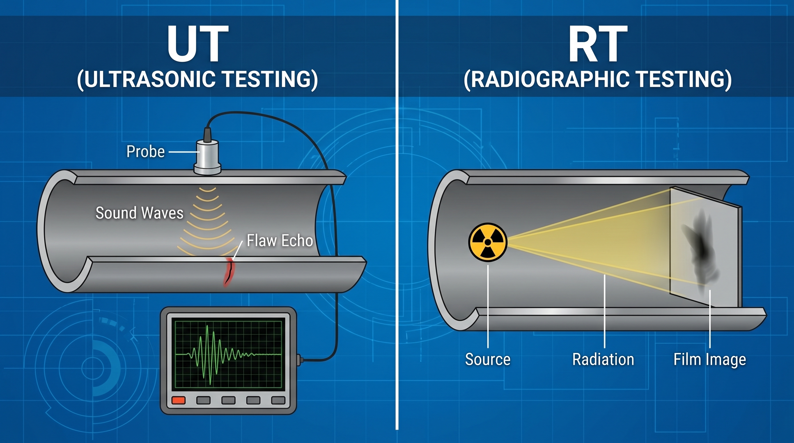 Conventional NDT, Non-destructive test, film interpretation, UT, RT, PT, MT, radiography, magnetic particle test, ultrasonic test, defects, flaws, flaw detection, surface flaw, sub surface flaw, volumetric flaw, crack, porosity, undercut, welding defects, site inspection, asset integrity, shut down inspections